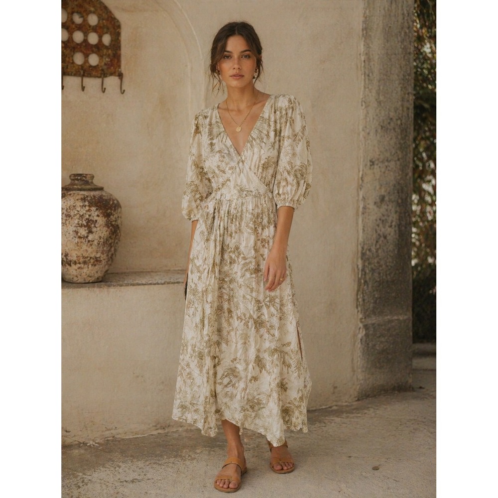 Cord Studio India Tropical Palm Print Wrap Midi Dress V-Neck Puff Sleeve- M